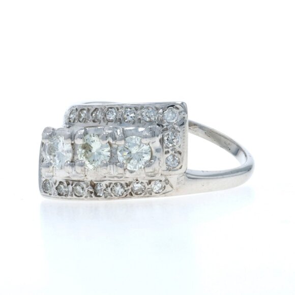 White Gold Diamond Vintage Bypass Ring - 14k Round Brilliant .72ctw Three-Stone - Picture 3 of 6